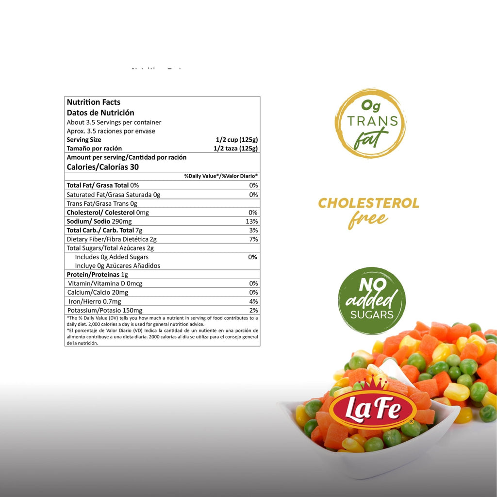 Nutrition facts label for La Fe Veg Can Mixed-Vegetables, highlighting no trans fat, cholesterol-free, and no added sugars.
