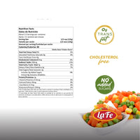 Nutrition facts label for La Fe Veg Can Mixed-Vegetables, highlighting no trans fat, cholesterol-free, and no added sugars.