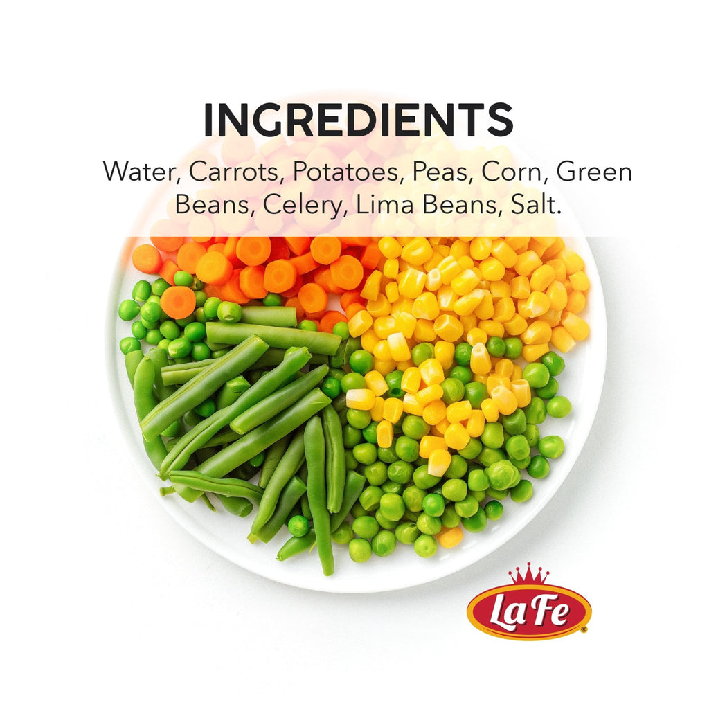 Ingredients of La Fe Veg Can Mixed-Vegetables: water, carrots, peas, corn, green beans, celery, lima beans, salt.