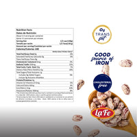 Nutrition facts for La Fe Pinto Beans can, highlighting quality ingredients and health benefits for authentic Latin food.