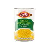 La Fe Whole Kernel Corn can, 15 oz, quality Latin food for soups and sides, rich in fiber and vitamins.