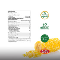 Nutrition facts for LAFE VEG CAN KERNEL-CORN, showcasing low calories and no added sugars, featuring fresh corn.