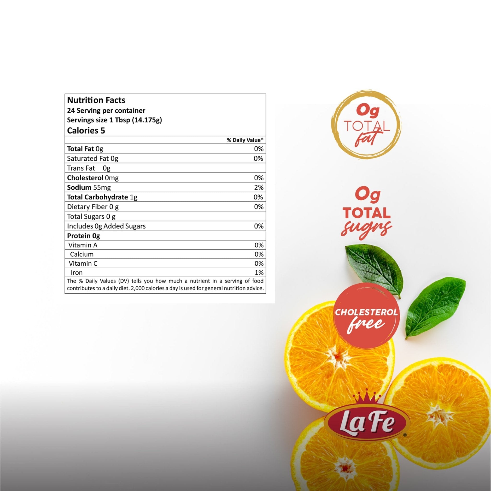 Nutrition facts for LA FE NARANJA AGRIA featuring zero fat and cholesterol, highlighting quality Latin food benefits.