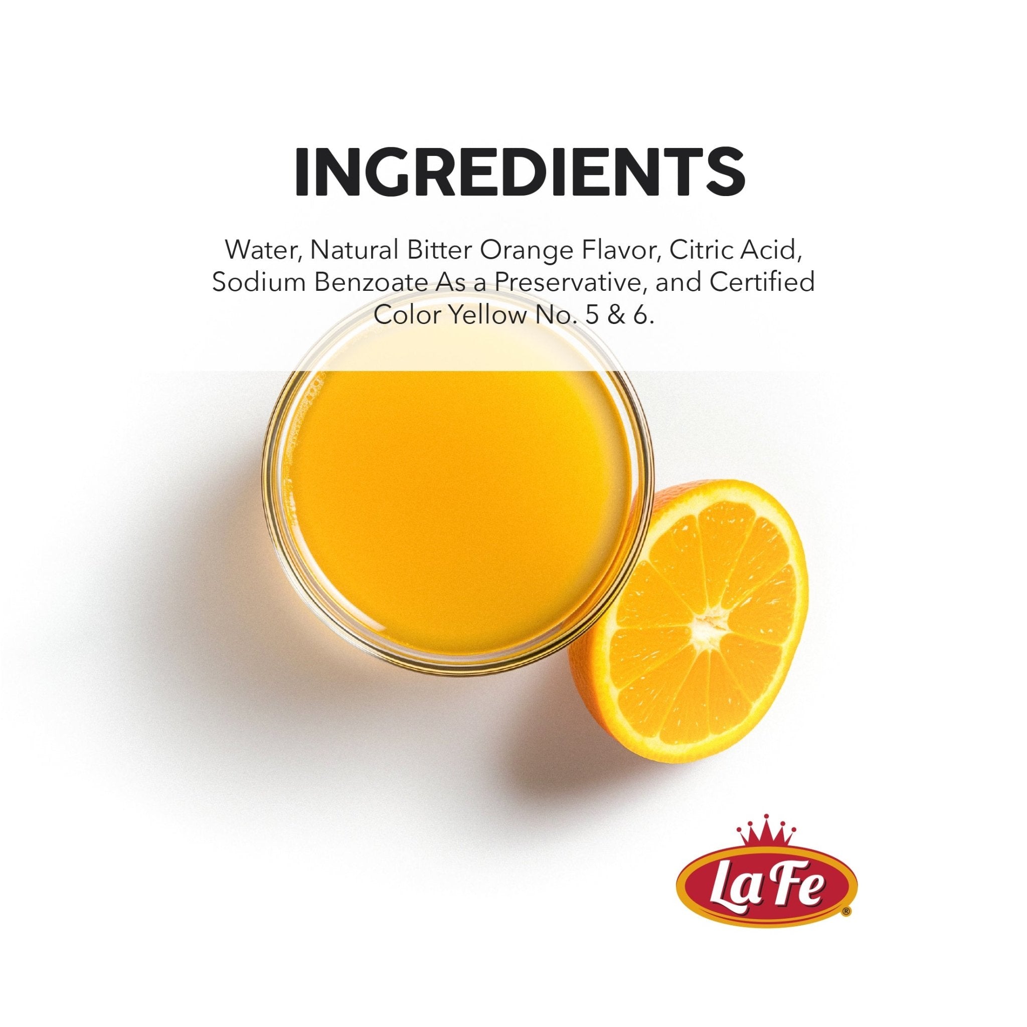 La Fe Naranja Agria ingredients, featuring refreshing bitter orange flavor for authentic Latin foods.