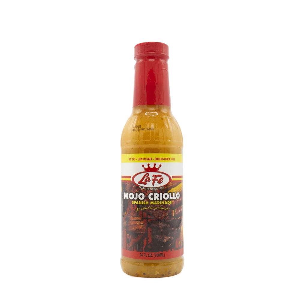 LA FE Mojo Criollo marinade in a bottle, perfect for authentic Latin food and flavorful dishes.