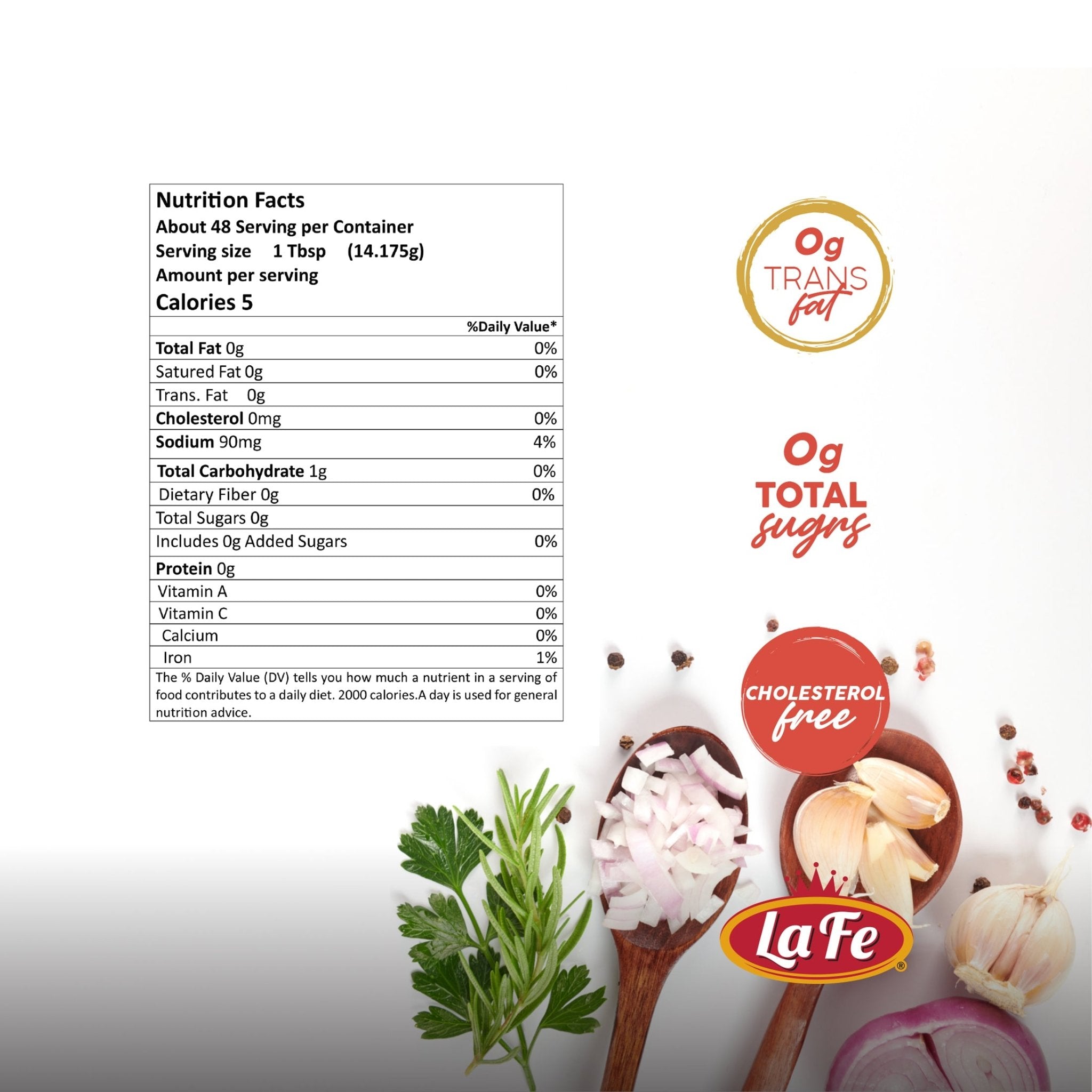 Nutrition facts label for LA FE Mojo Criollo, highlighting low fat and cholesterol-free ingredients, ideal for authentic Latin meals.