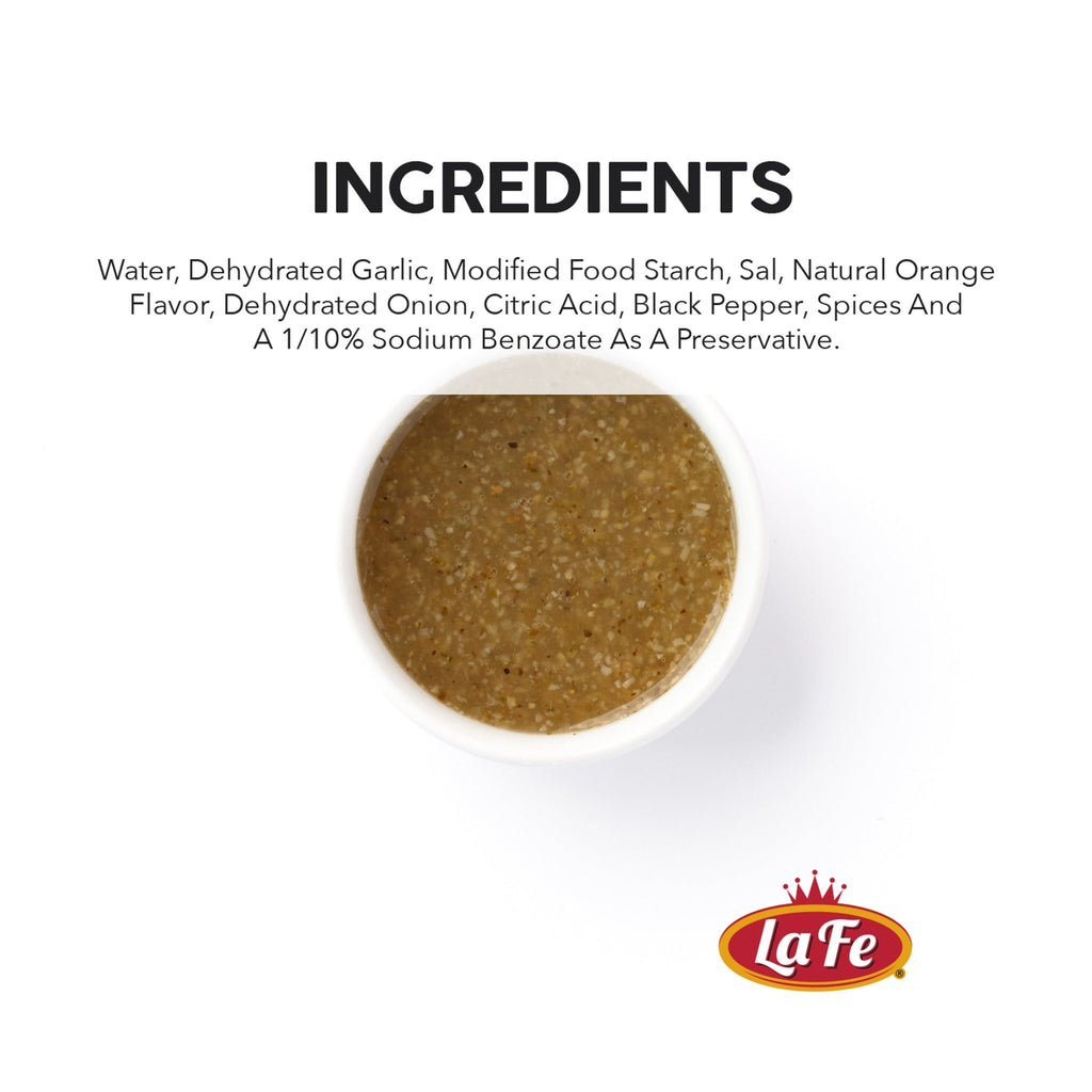 Ingredients of LA FE Mojo Criollo marinade including garlic, spices, and natural flavors for authentic Latin cooking.