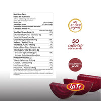 Nutrition facts for La Fe Veg Can Sliced-Beets highlighting low calories and no cholesterol, ideal for quality Latin food choices.