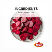 La Fe Veg Can Sliced-Beets with ingredients beets, water, and salt in a bowl for quality Latin food.