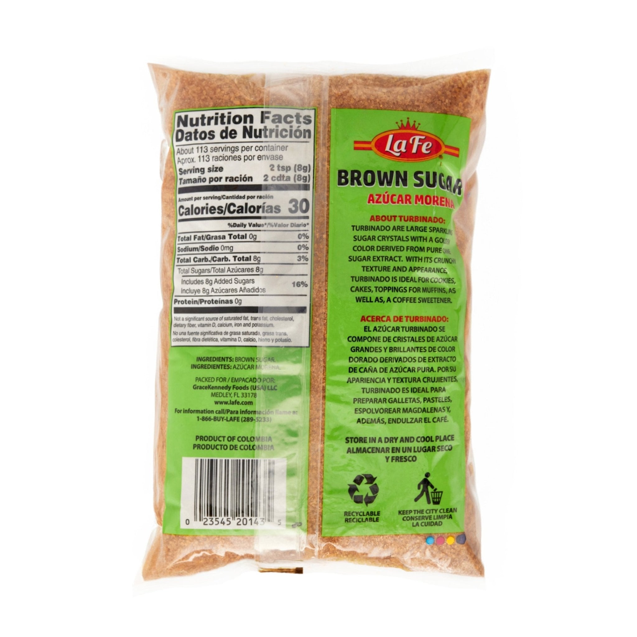 La Fe Brown Sugar 2 lb bag, premium quality for authentic Latin food and flavors, perfect for cooking and coffee.