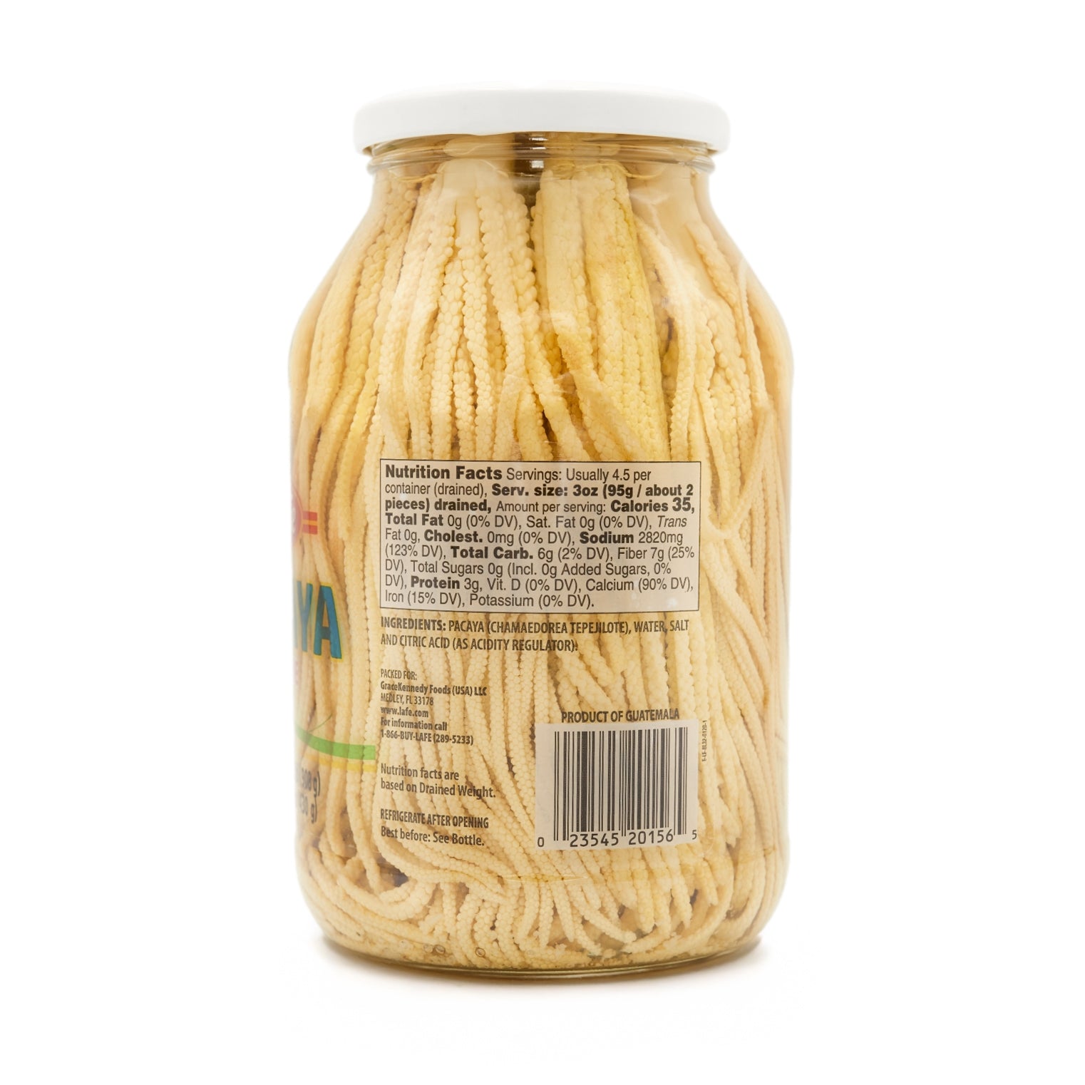 La Fe Conserva Pacaya in a glass jar, authentic Latin food for quality Latin meals, ideal for any dish.
