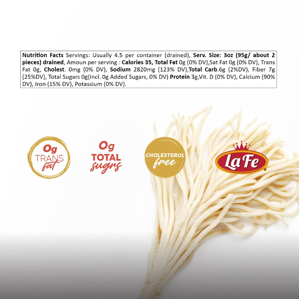 Nutrition facts for La Fe Conserva Pacaya highlighting its health benefits, suitable for quality Latin food in meals.