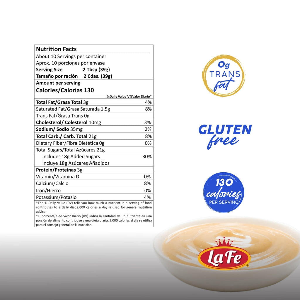Nutrition facts for La Fe Sweetened Condensed Milk, highlighting calories, gluten-free, and quality ingredients for baking.
