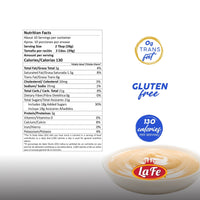 Nutrition facts for La Fe Sweetened Condensed Milk, highlighting calories, gluten-free, and quality ingredients for baking.