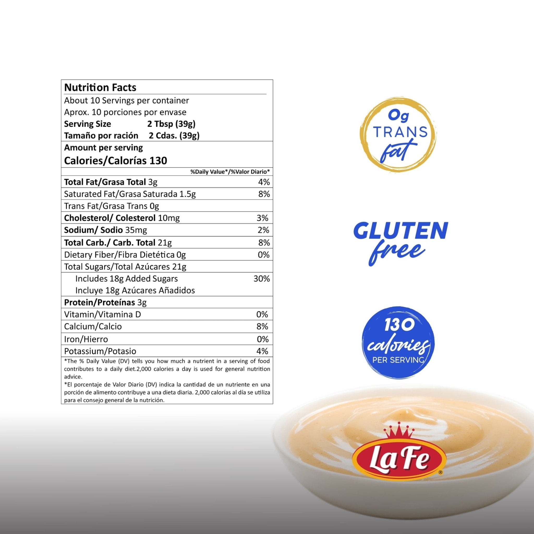 Nutrition facts for La Fe Sweetened Condensed Milk, highlighting calories, gluten-free, and quality ingredients for baking.