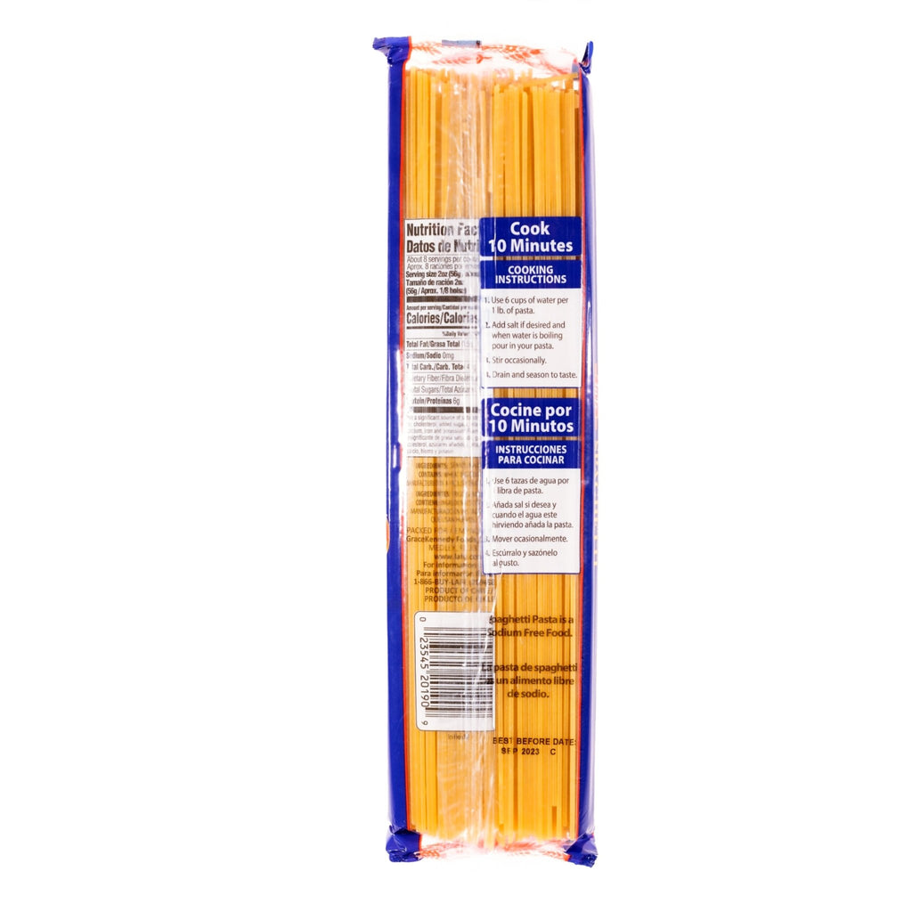 La Fe Pasta Spaghetti packaging with cooking instructions, ideal for authentic Latin food and quality meals.