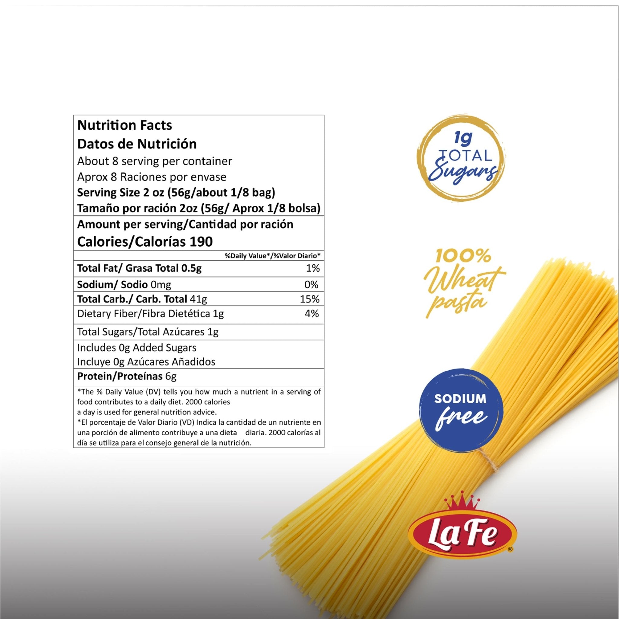 Nutrition facts for La Fe Pasta Spaghetti, showcasing quality ingredients and authentic flavors for Latin food lovers.