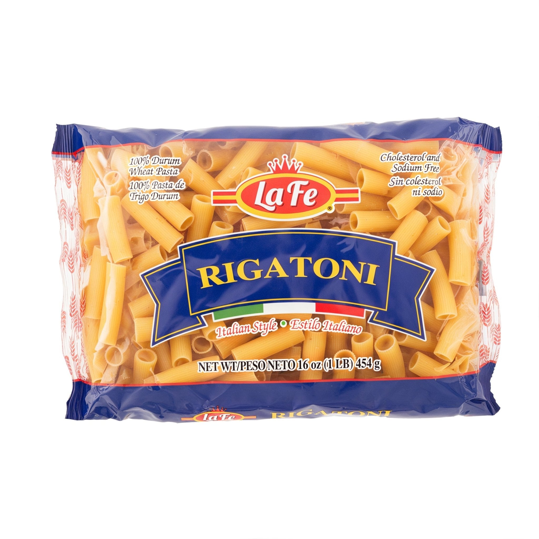 La Fe Rigatoni pasta 16 oz package, perfect for authentic Latin recipes and a taste of Italy.