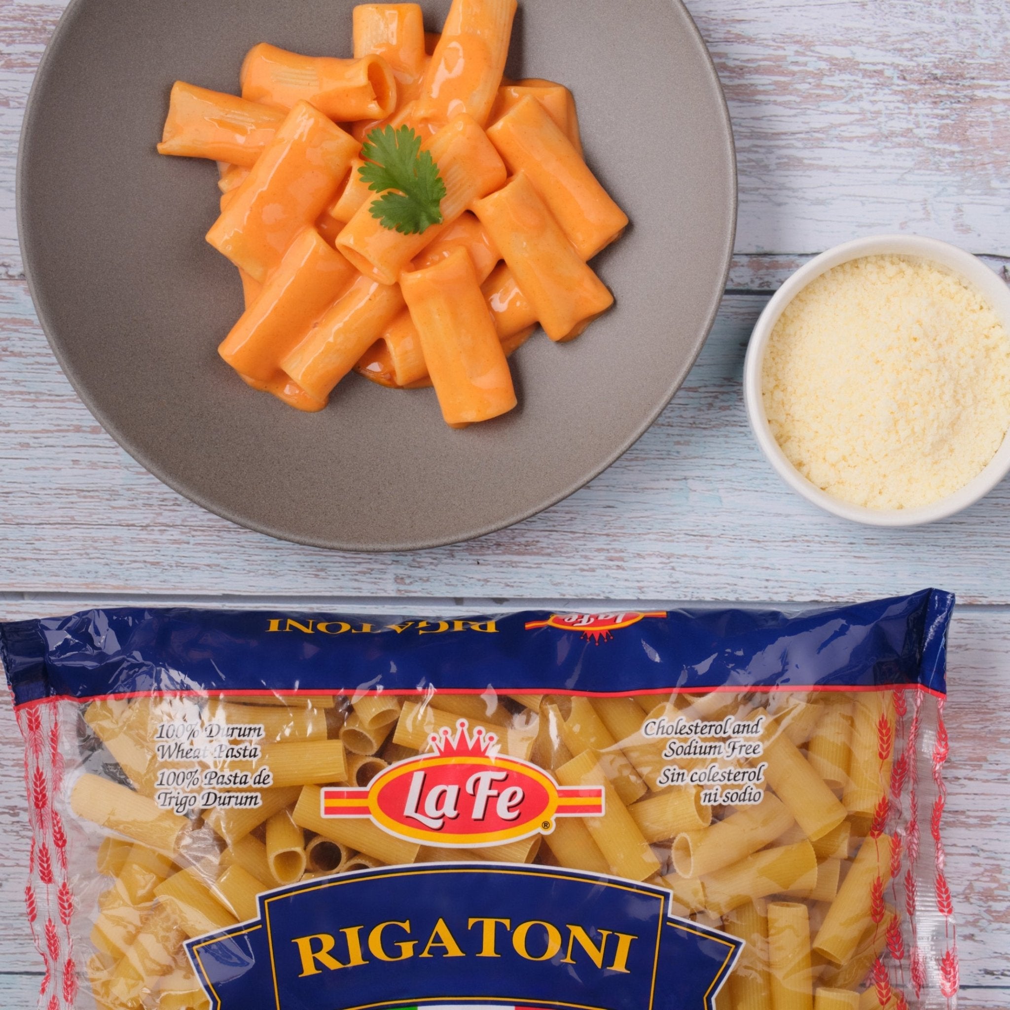 Delicious La Fe Rigatoni pasta plated with rich sauce, showcasing authentic Latin flavors and quality ingredients.