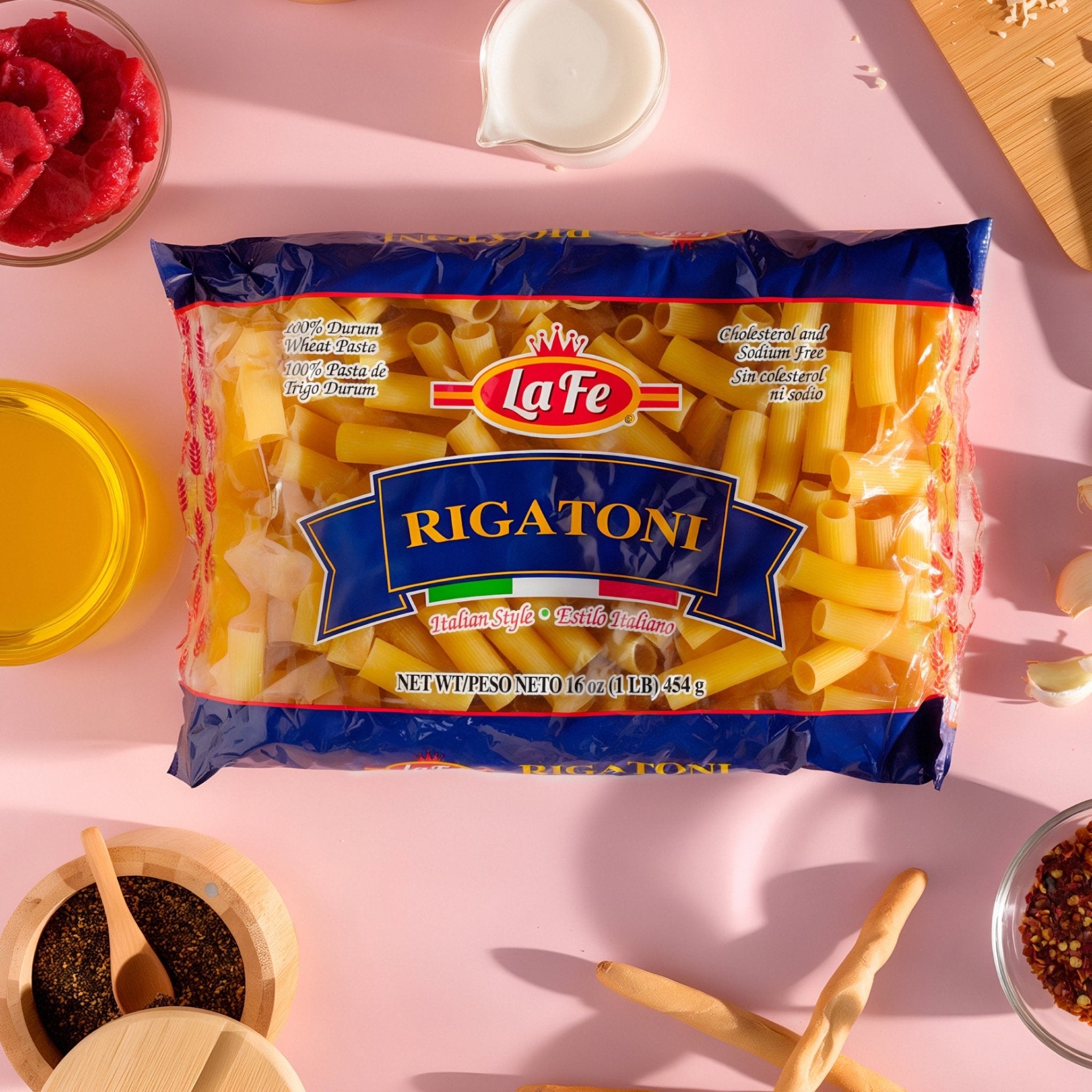 La Fe Rigatoni pasta pack on a pink table with ingredients, perfect for authentic Latin food and quality meals.