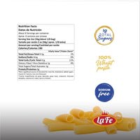 Nutrition facts for La Fe Pasta Rigatoni, showcasing quality ingredients and health benefits in 20 oz packaging.