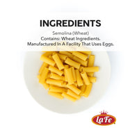 La Fe Rigatoni pasta ingredients: semolina wheat, made in a facility using eggs, perfect for authentic Latin cuisine.