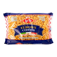 LA FE Elbow Pasta 16 oz package, perfect for authentic Latin dishes and pasta salads, quality ingredients for delicious meals.