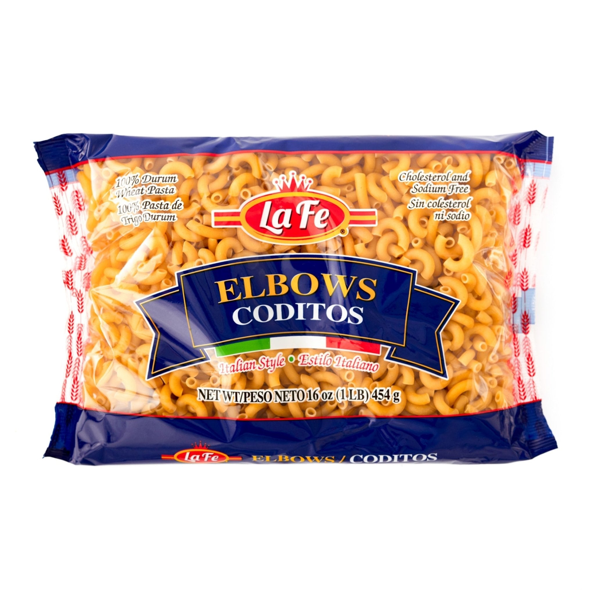 LA FE Elbow Pasta 16 oz package, perfect for authentic Latin dishes and pasta salads, quality ingredients for delicious meals.