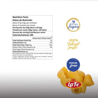Nutrition facts for La Fe Elbow Pasta Salad, highlighting 100% wheat, sodium-free, and quality ingredients.
