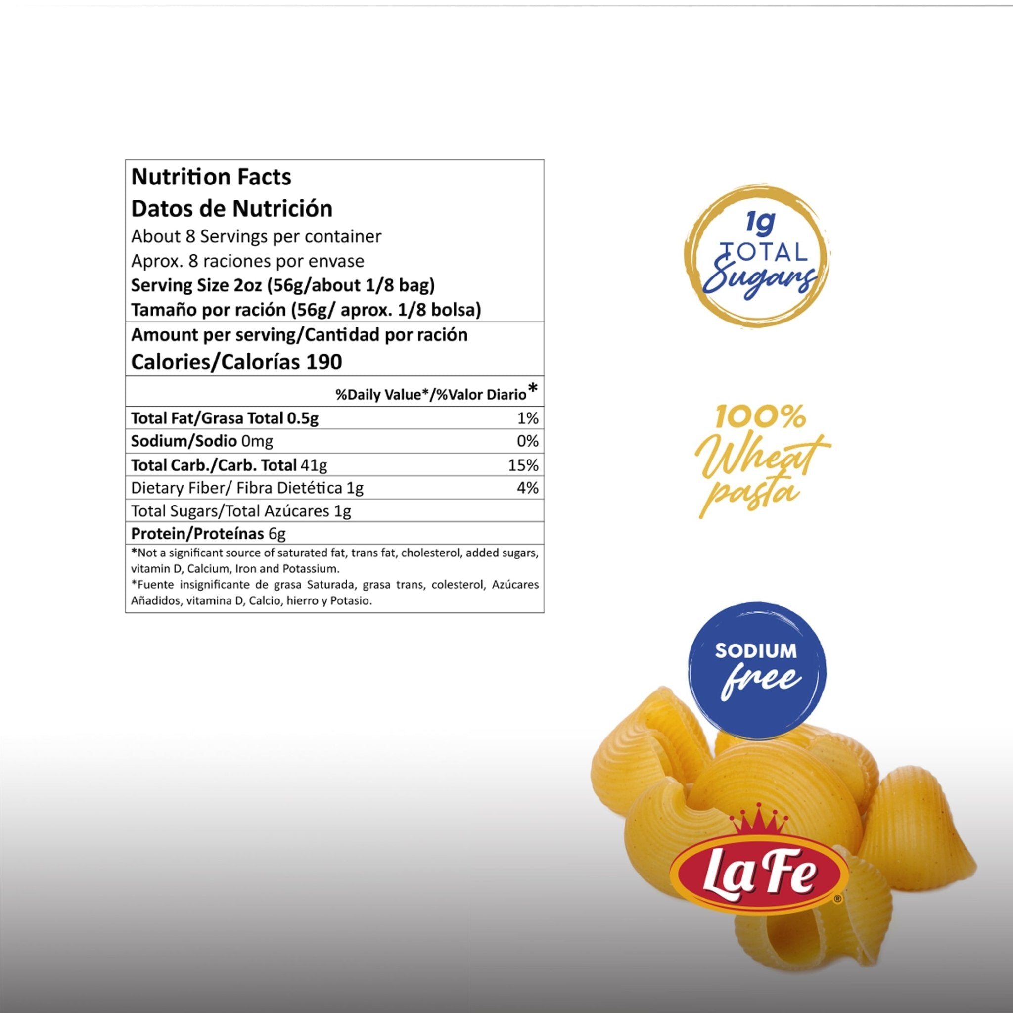 Nutrition facts for La Fe Elbow Pasta Salad, highlighting 100% wheat, sodium-free, and quality ingredients.