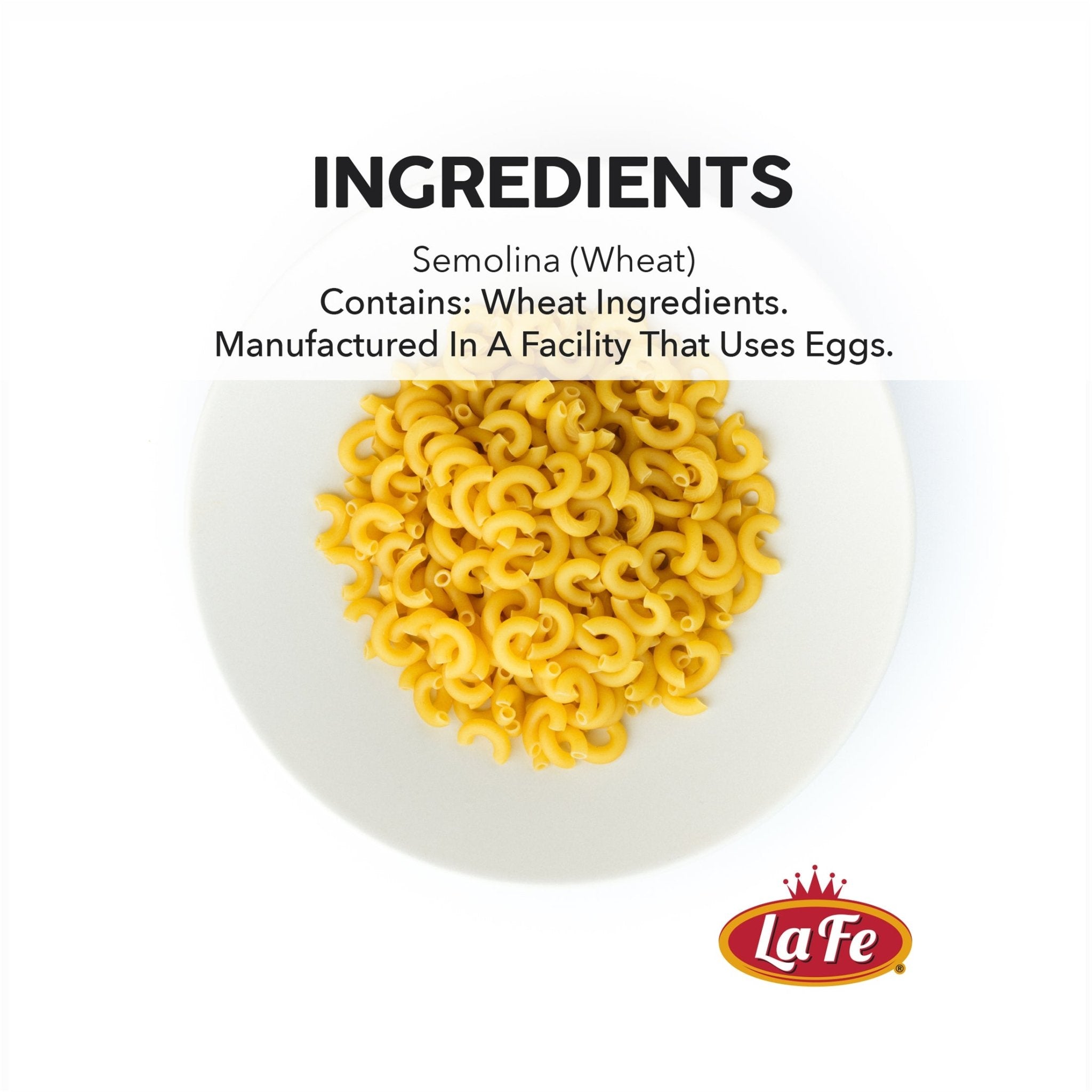 LA FE elbow pasta ingredients in a bowl, featuring semolina wheat for quality Latin food preparation.