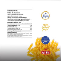 Nutrition facts for La Fe Pasta Rotini, 100% wheat pasta, perfect for authentic Latin food dishes.