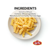 LA FE Pasta Rotini ingredients, made from semolina wheat for quality Latin food.