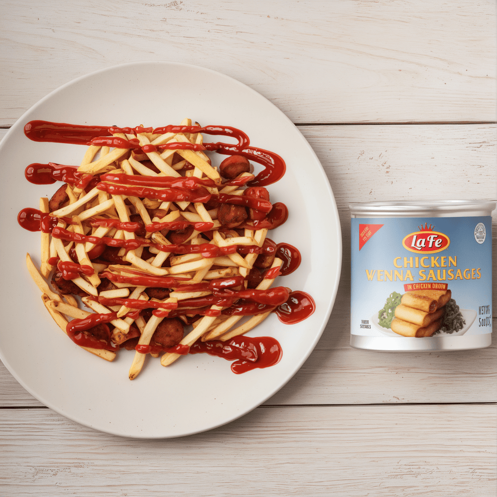 Plate of fries topped with La Fe Chicken Vienna Sausages and ketchup for authentic Latin flavor and quality.