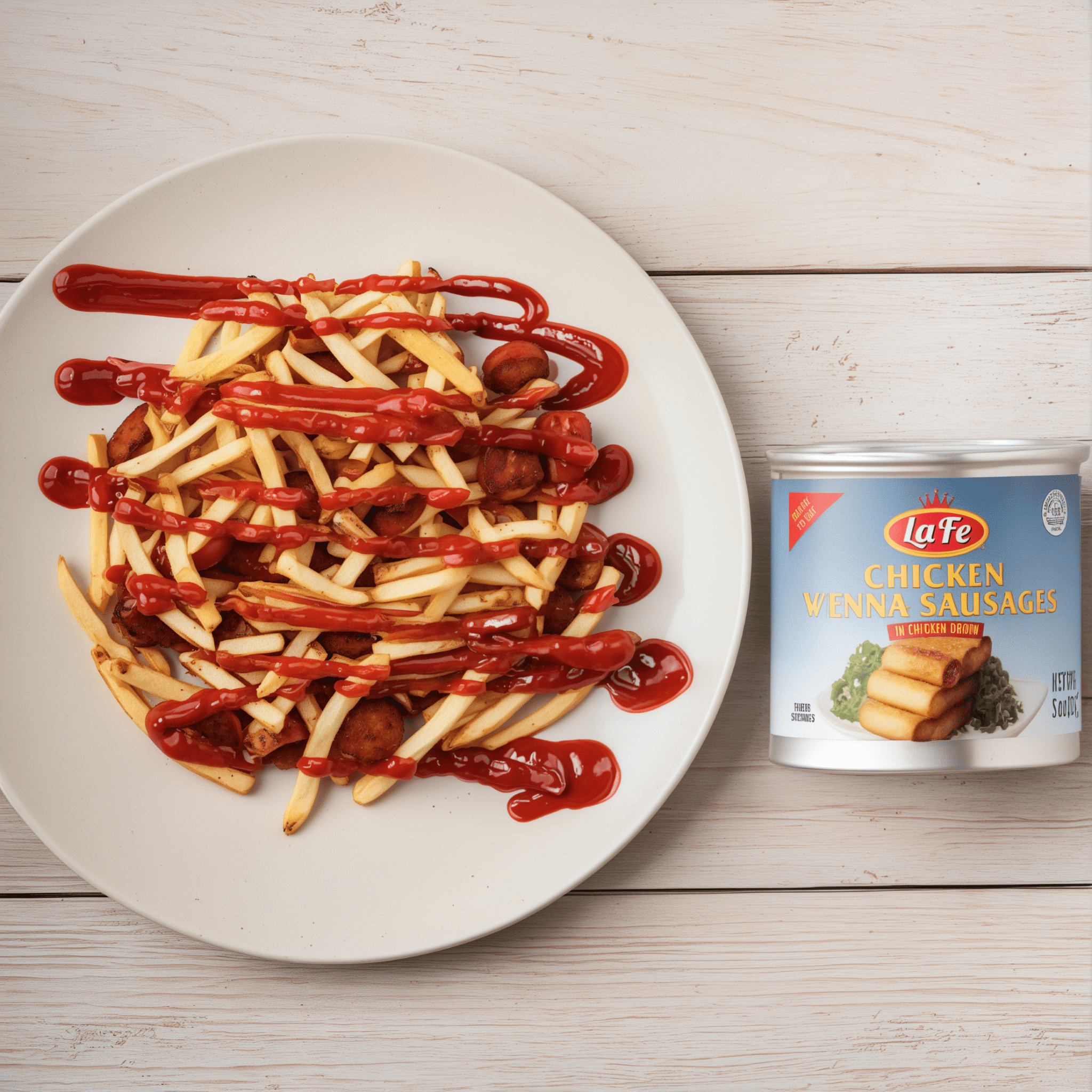 Plate of fries topped with La Fe Chicken Vienna Sausages and ketchup for authentic Latin flavor and quality.