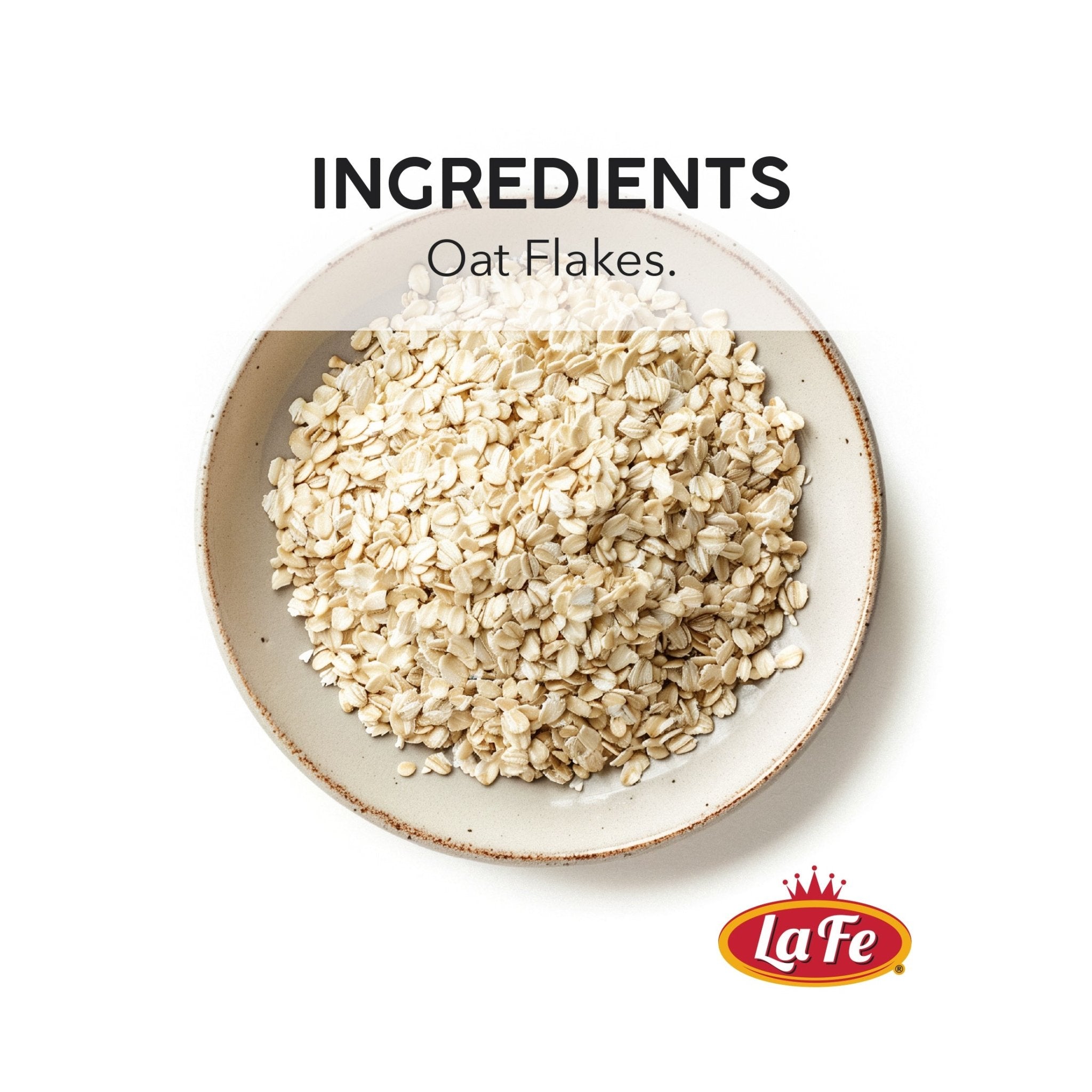 La Fe Oat Flakes in a bowl, perfect for quick, nutritious Latin food, ideal for breakfast or baking.