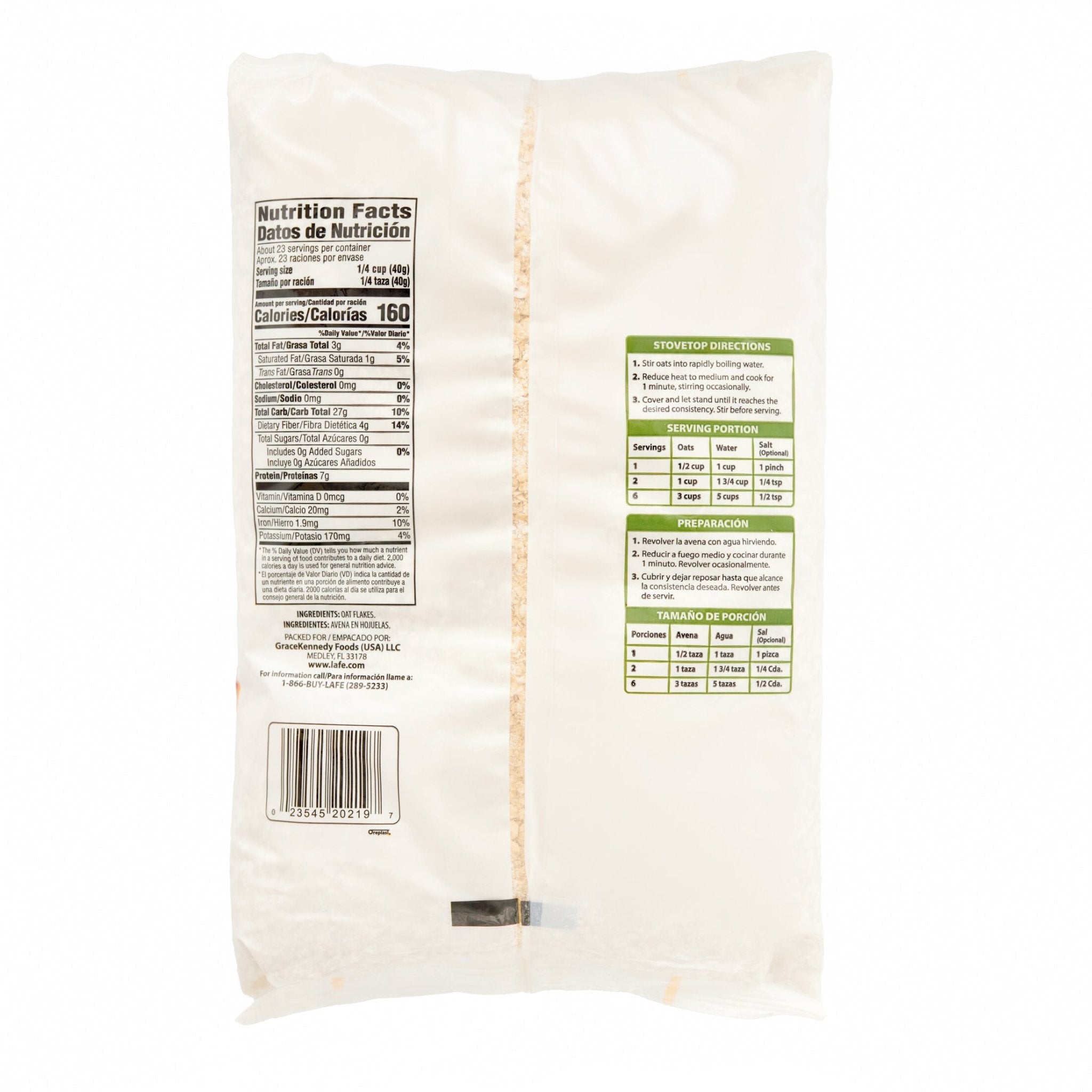 La Fe Quick Oats package with nutrition facts, perfect for breakfast and a quality Latin food choice.