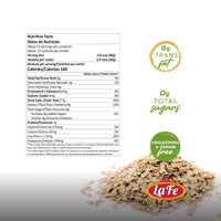 Nutrition facts for La Fe Quick Oats highlighting 160 calories per serving, no trans fat, and dietary fiber for healthy breakfast options.