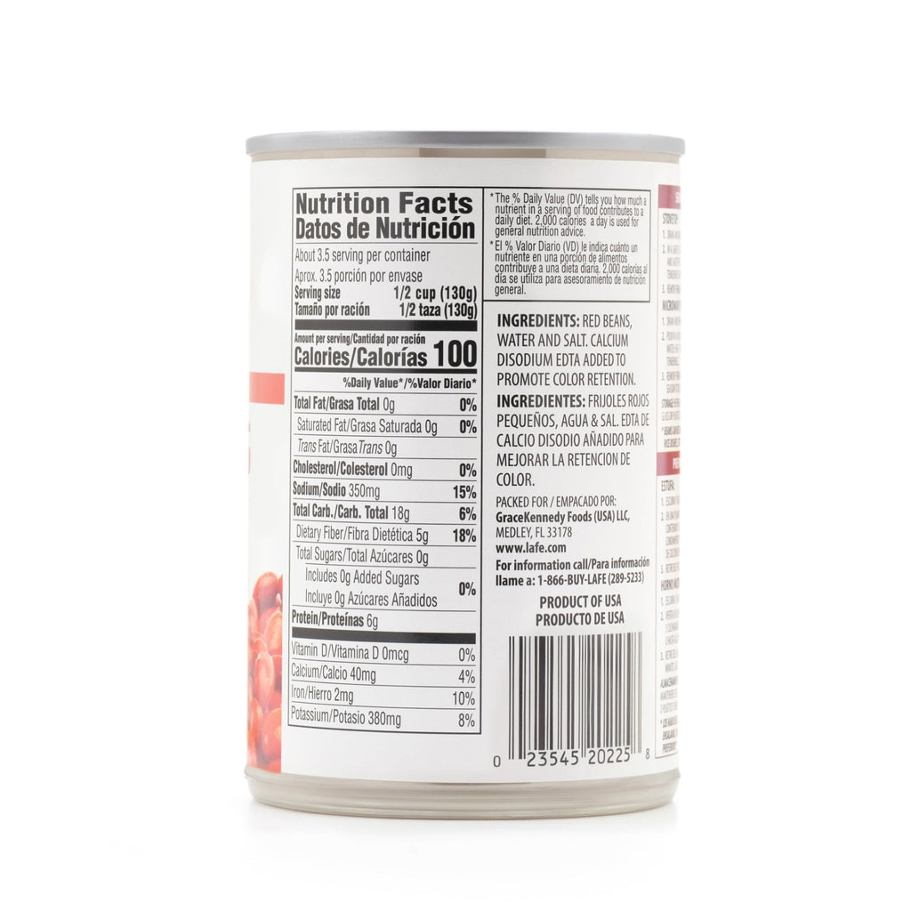 Nutrition facts label for La Fe Beans-15 Small Red, detailing ingredients and serving information, perfect for nutritious Latin recipes.
