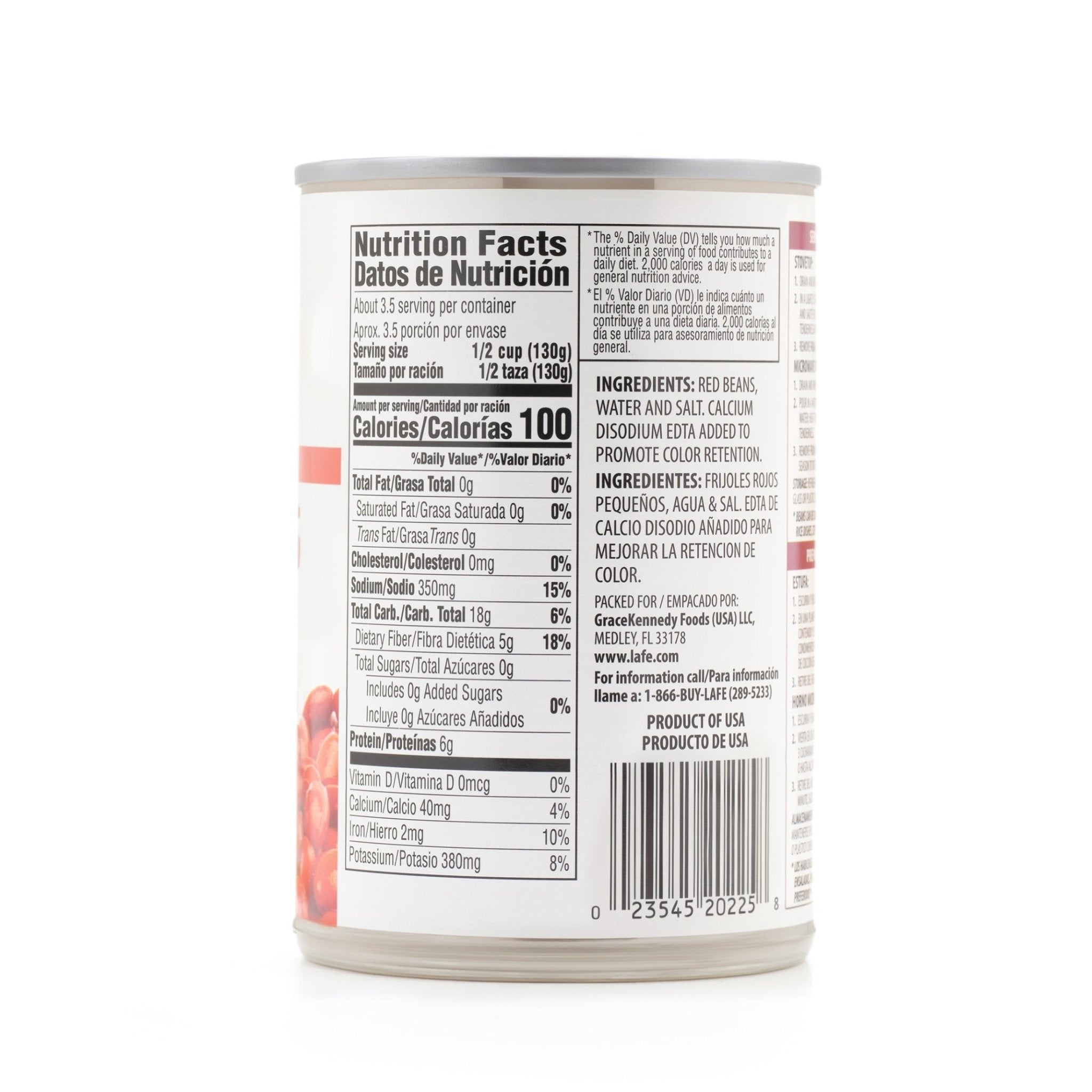 Nutrition facts label for La Fe Beans-15 Small Red, detailing ingredients and serving information, perfect for nutritious Latin recipes.