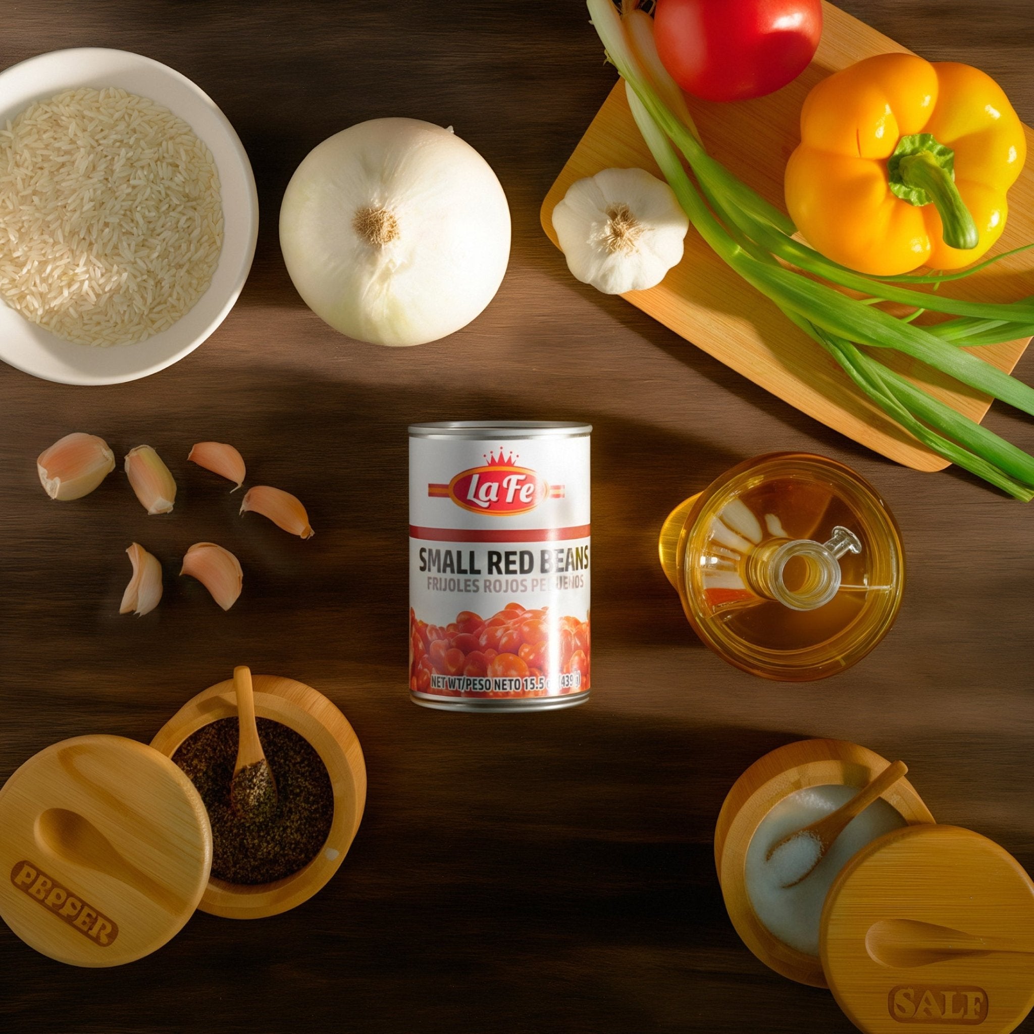 La Fe Small Red Beans can surrounded by fresh vegetables and spices, perfect for authentic Latin cuisine in your kitchen.