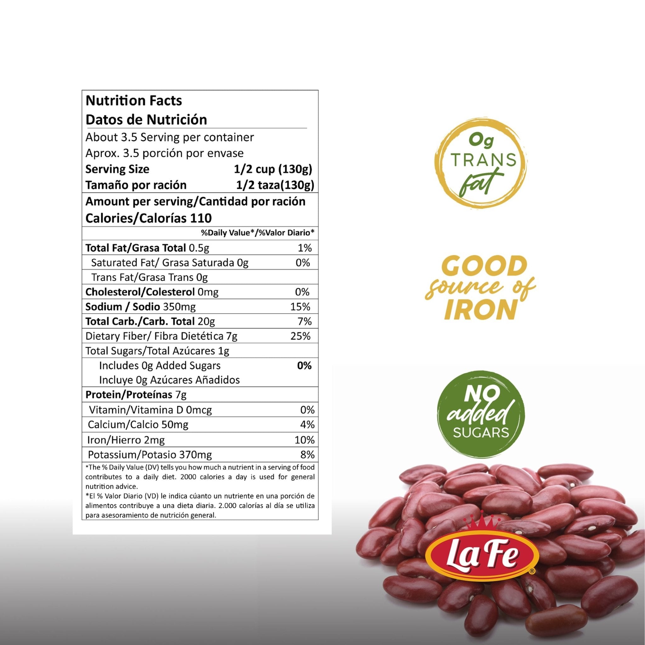 Nutrition facts for La Fe Pink Beans, highlighting quality and health benefits like protein and fiber. Perfect for Latin food recipes.