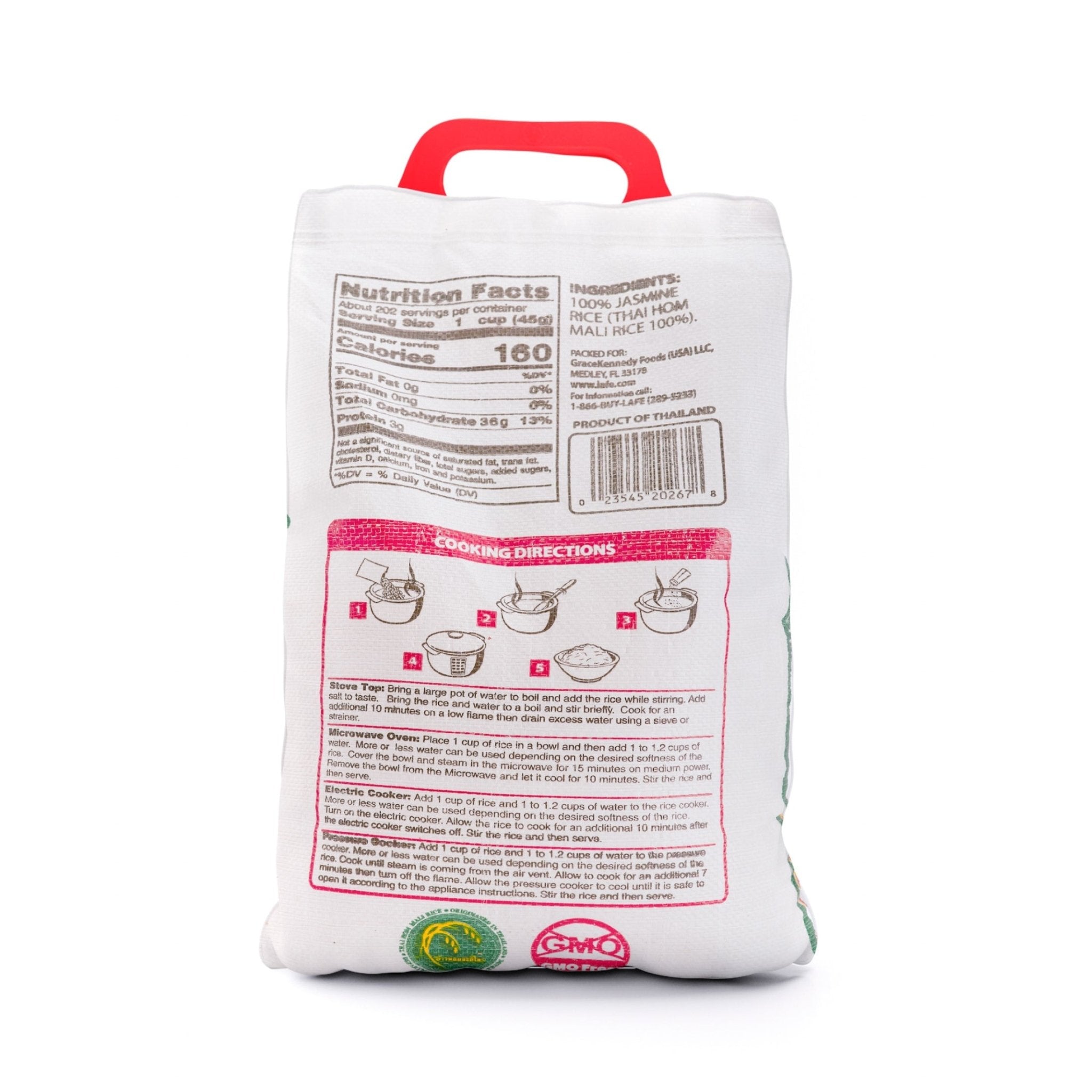La Fe Jasmine Rice 20 lbs bag with nutrition facts and cooking directions, perfect for authentic Latin cuisines.