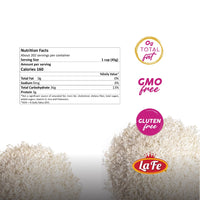 Nutrition facts for La Fe Jasmine Rice, GMO-free, gluten-free, showcasing quality Latin food details.