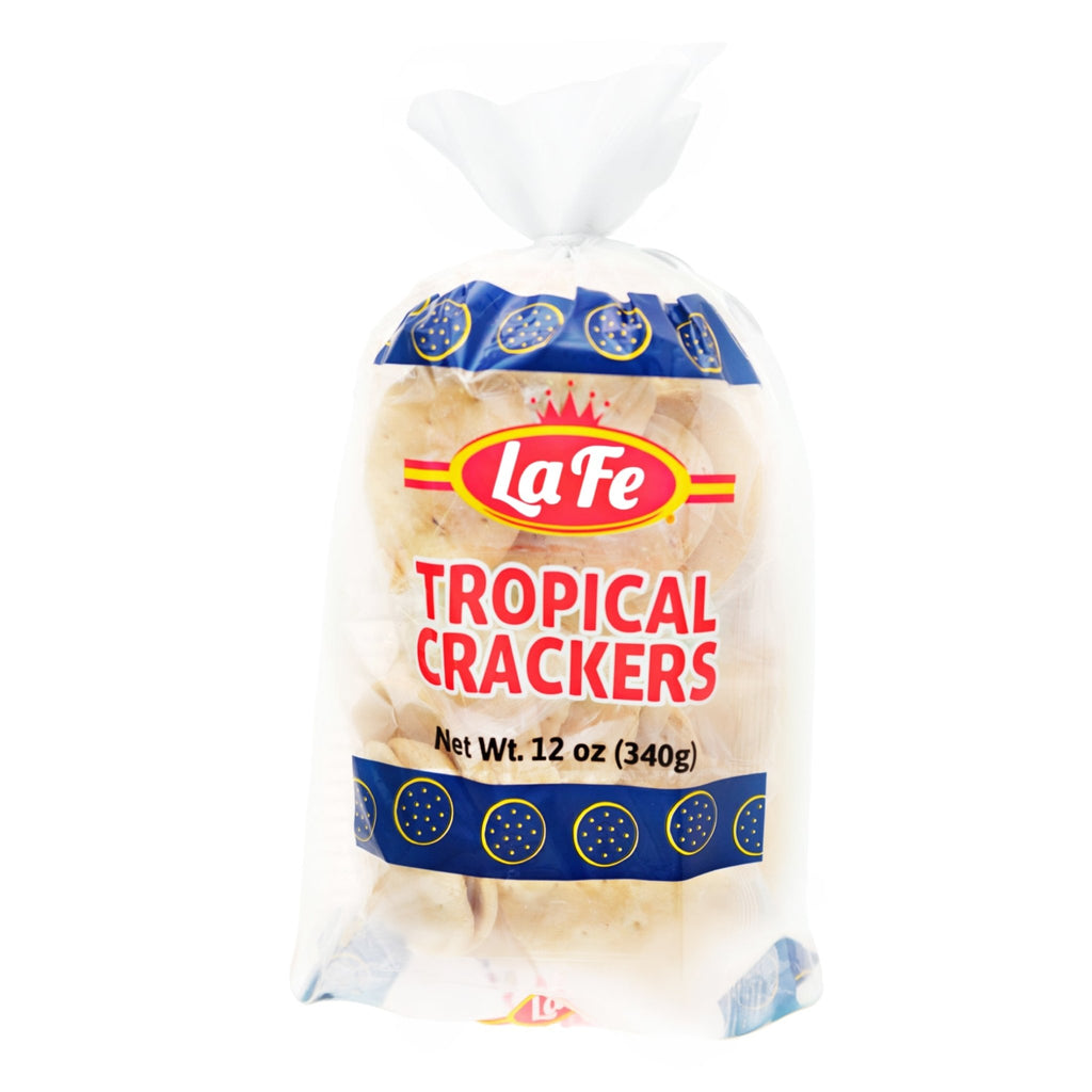 La Fe Tropical Crackers, 12 oz bag, a delicious snack with authentic Latin flavors for on-the-go enjoyment.