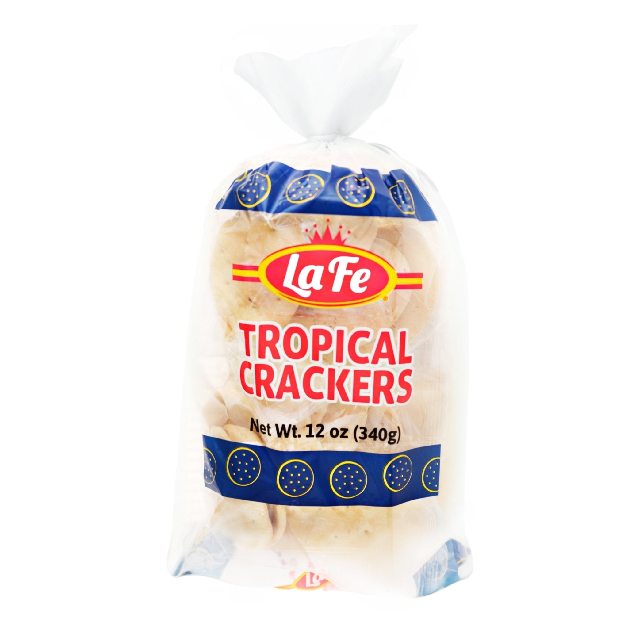 La Fe Tropical Crackers, 12 oz bag, a delicious snack with authentic Latin flavors for on-the-go enjoyment.