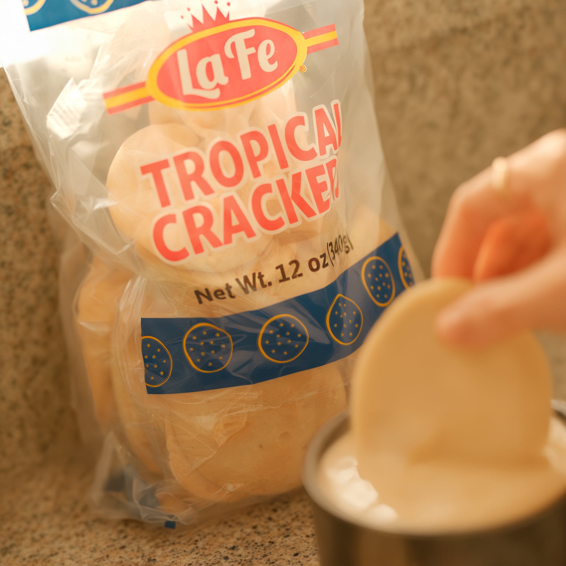 La Fe Tropical Crackers 12 oz pack, perfect for snacking, bringing authentic Latin flavors to your table.