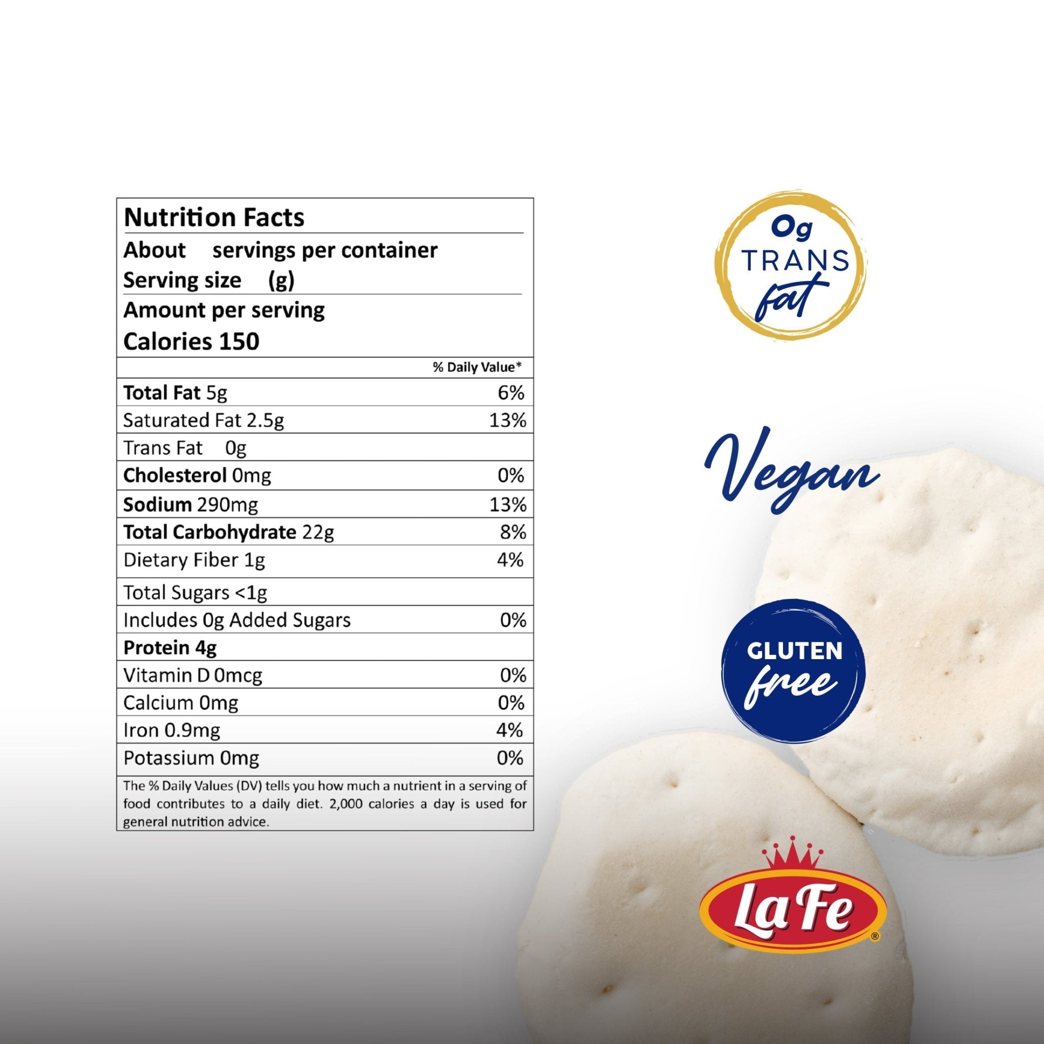 Nutrition facts for La Fe Tropical Crackers, showcasing gluten-free and vegan options, perfect for fresh Latin food lovers.