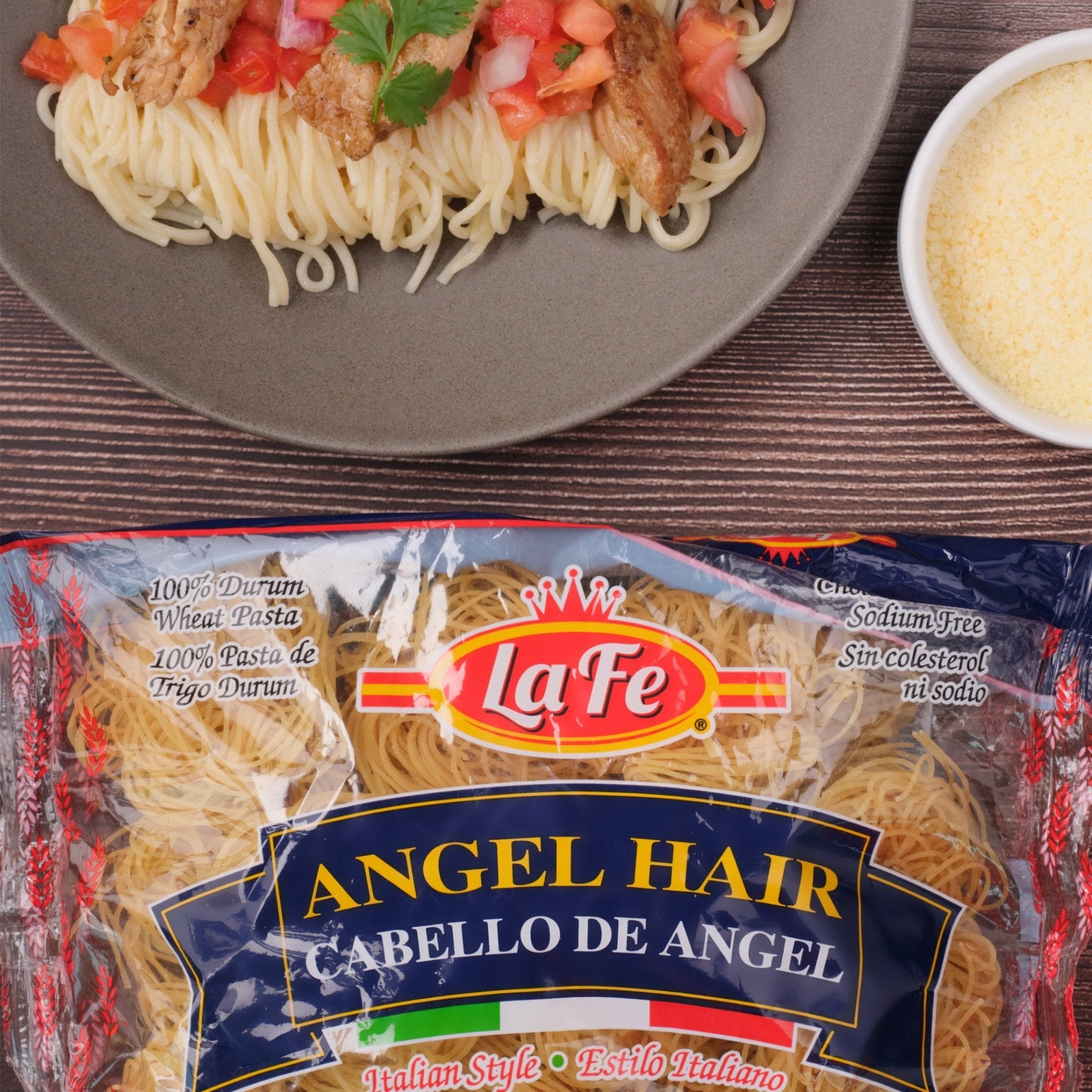 La Fe Angel Hair pasta on a plate with chicken and tomatoes, showcasing quality Latin food for authentic meals.