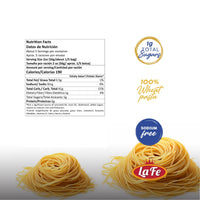 Nutrition facts for La Fe angel hair pasta, 100% wheat, sodium-free, 1g sugars, perfect for quality Latin food.